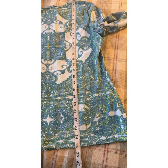 J McLaughlin Catalina Cloth Top Sz L Blue 3/4 Sleeve Stretchy Mandala Casual EUC - Picture 8 of 10